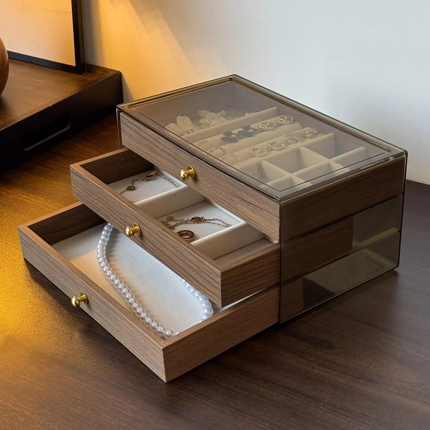 High End Walnut Wood Grain Large Capacity 3 in 1 Style Tray