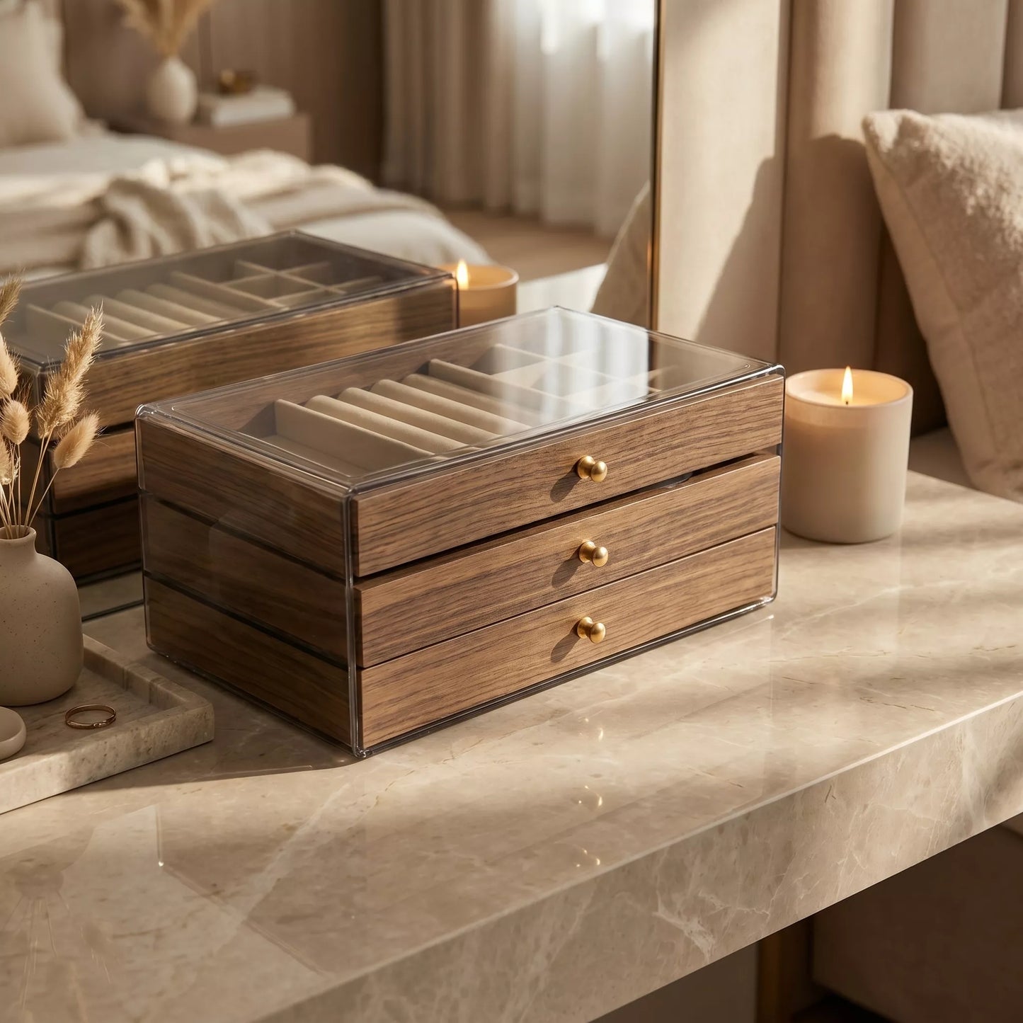 High End Walnut Wood Grain Large Capacity 3 in 1 Style Tray
