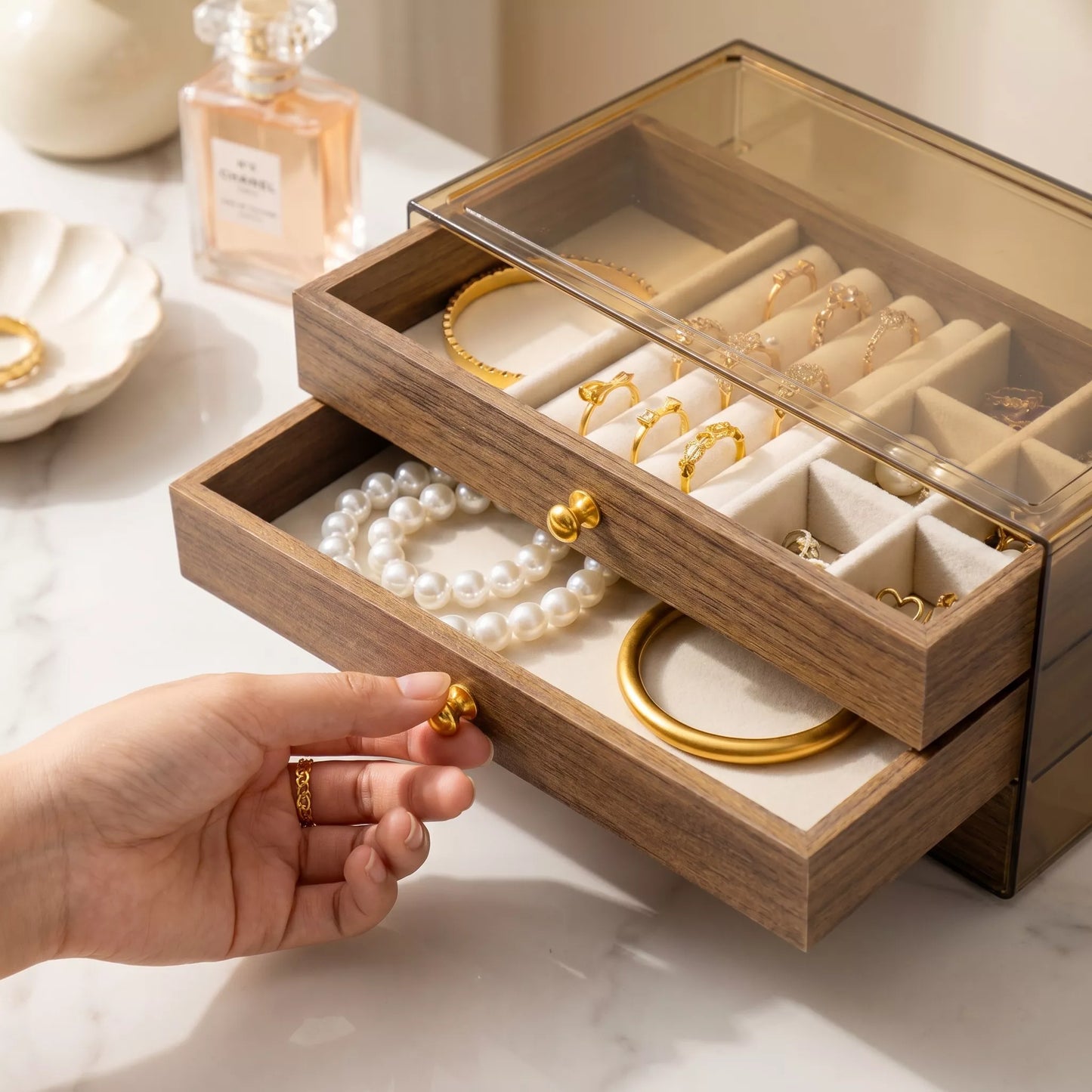 High End Walnut Wood Grain Large Capacity 3 in 1 Style Tray