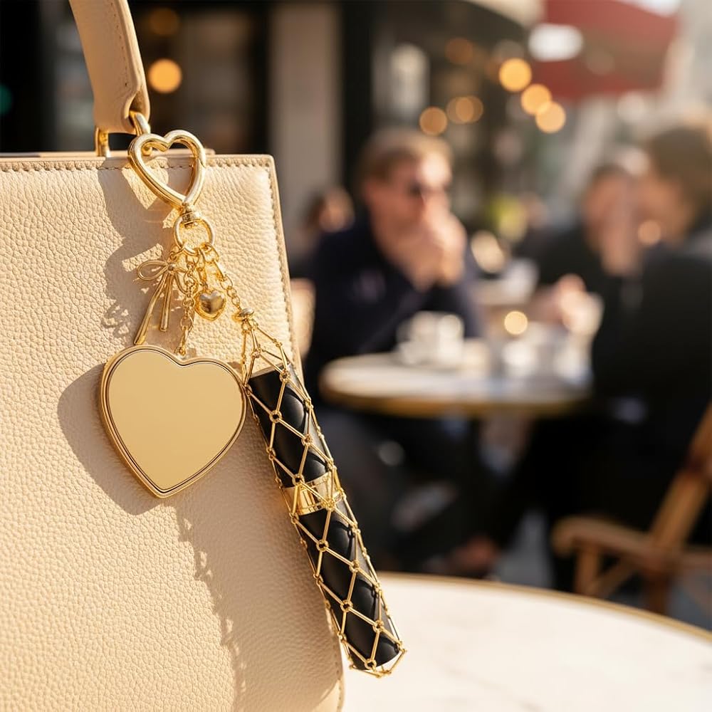 Viral Gold Lipstick Holder Bag Charm with Mirror