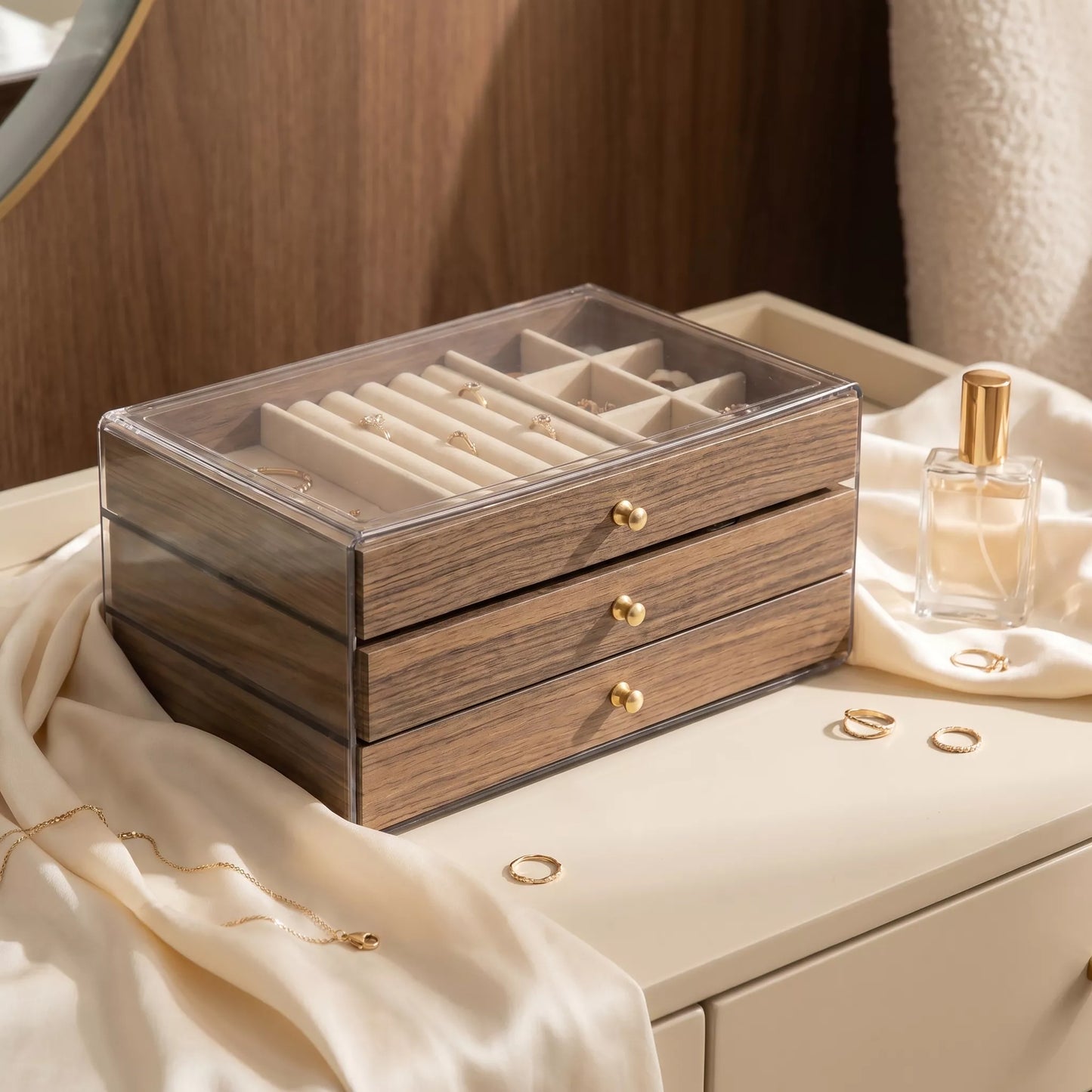 High End Walnut Wood Grain Large Capacity 3 in 1 Style Tray