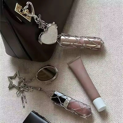 Viral Silver Lipstick Holder Bag Charm with Mirror