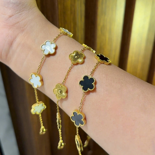 18k Gold Plated 5 Motif Alhambra Stainless Steel Bracelet - Gold/Black/White